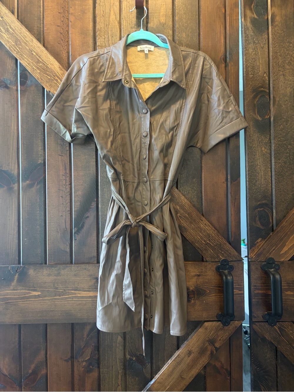 Heartloom Taupe Button-Front Faux Leather Shirt Dress